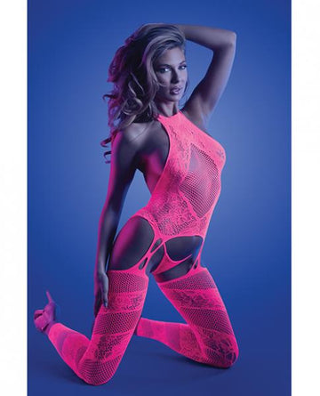 Glow Captivating Halter Bodystocking & G-string Neon Pink O/s