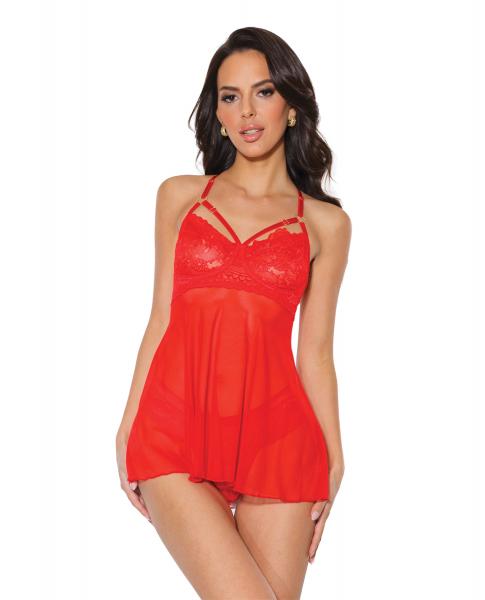 Holiday Scallop Stretch Lace & Mesh Babydoll & Thong Red/gold Lg