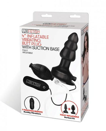 Lux Fetish 4" Inflatable Vibrating Butt Plug W/suction Base - Black