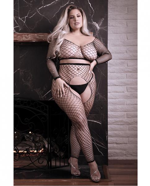 Sheer Stunner Rhinestone Fishnet Long Sleeve Top & Crotchless Tights Black Qn