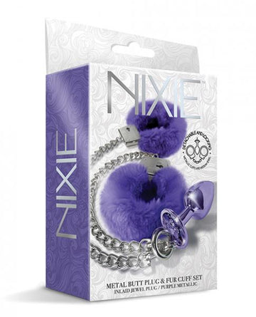 Nixie Metal Butt Plug W/inlaid Jewel & Fur Cuff Set - Purple Metallic