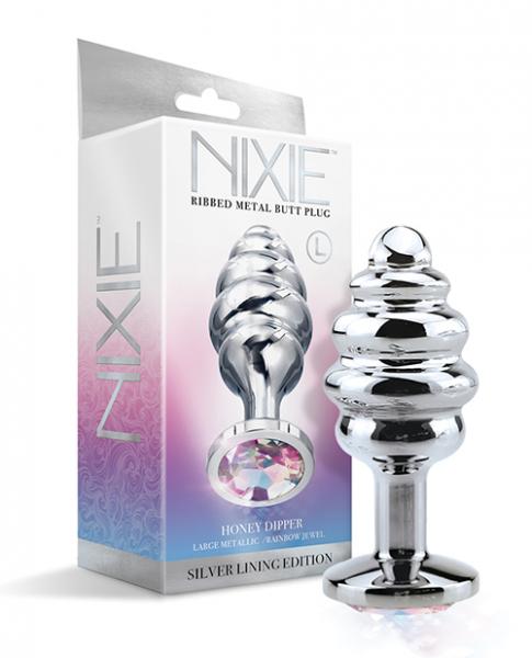 Nixie Honey Dipper Ribbed Metal Rainbow Jeweled Butt Plug - Large