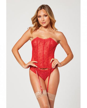 Valentines Heart Embroidered Mesh Bustier & Panty Red Lg