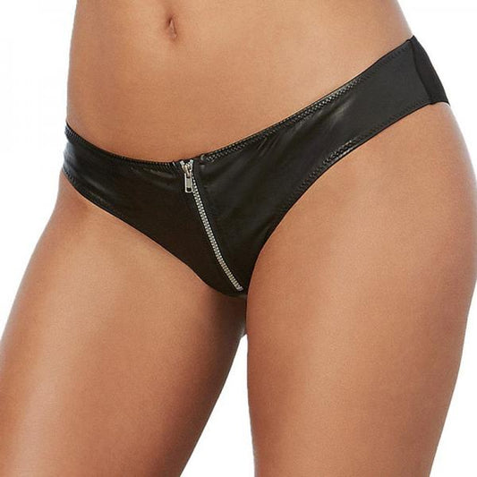 Dreamgirl Faux-leather, Stretch Knit Cheeky Panty With Zipper Front And Stretch Mesh Back Black M