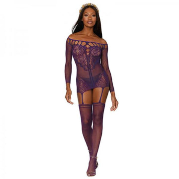 Dreamgirl Fishnet Lace Garter Dress With Attached Stockings Aubergine O/s