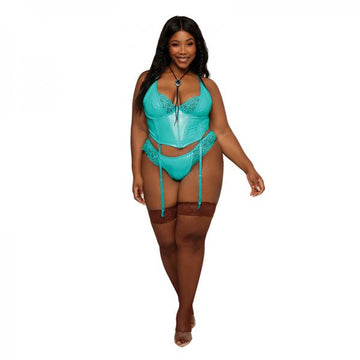 Dreamgirl Stretch Vinyl And Lace Bustier And G-string Set Ocean 1xl