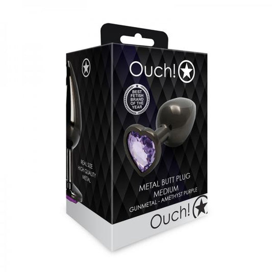 Shots Ouch! Heart Gem Butt Plug Medium Gunmetal/amethyst