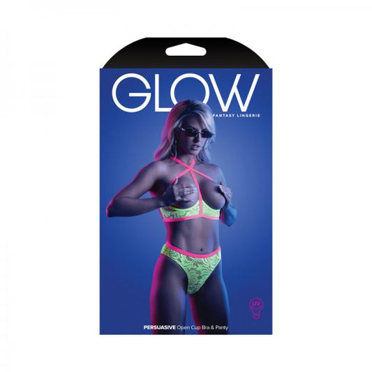 Fantasy Lingerie Glow Persuasive Contrast Elastic Open Cup Lace Cage Bra & Panty Neon Green M/l