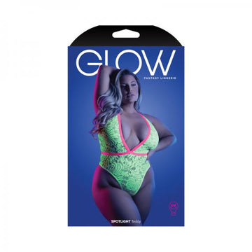 Fantasy Lingerie Glow Spotlight Contrast Elastic Lace Teddy With Snap Closure Neon Green Queen Size