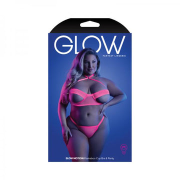 Fantasy Lingerie Glow Slow Motion Peek-a-boo Bra & Panty Neon Pink Queen Size