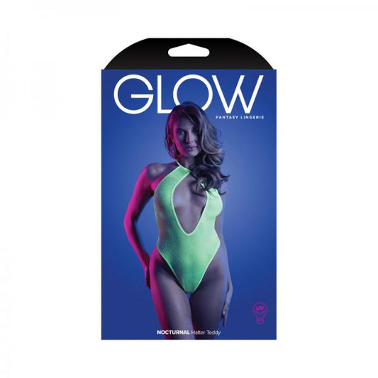 Fantasy Lingerie Glow Nocturnal Keyhole Halter Tie Teddy With Snap Closure Neon Lemon M/l