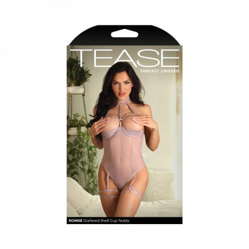 Fantasy Lingerie Tease Ronnie Caged Shelf Cup Teddy With Snap Closure & Leg Garters Pale Mauve L/xl