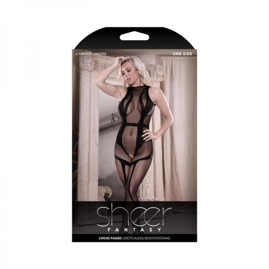 Fantasy Lingerie Sheer Cross Faded High Neck Crotchless Bodystocking Black O/s