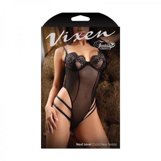 Fantasy Lingerie Vixen Next Level Strappy Crotchless Teddy With Lace Underwire Cups Black O/s