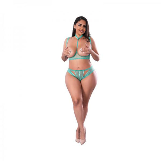 Magic Silk Soft Petals Cupless Bra And Split Crotch Panty Set Aqua Queen Size