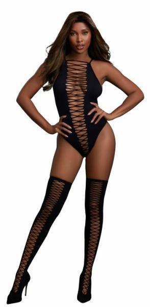 Cross Open Front Teddy and Stockings Black O/S