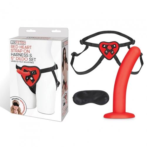 Lux Fetish Red Heart Strap On Harness & 5in Dildo Set