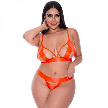 Strap Tease Bra & Crotchless Panty Neon Orange 2xl