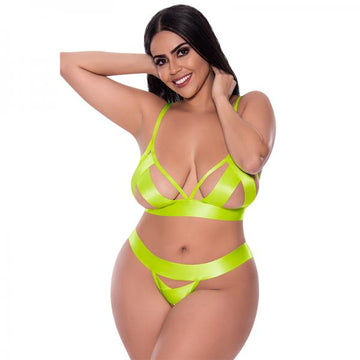 Strap Tease Bra & Crotchless Panty Neon Yellow 2xl