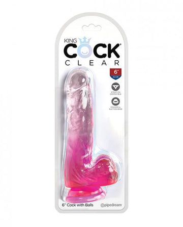 King Cock Clear 6in W/ Balls Pink