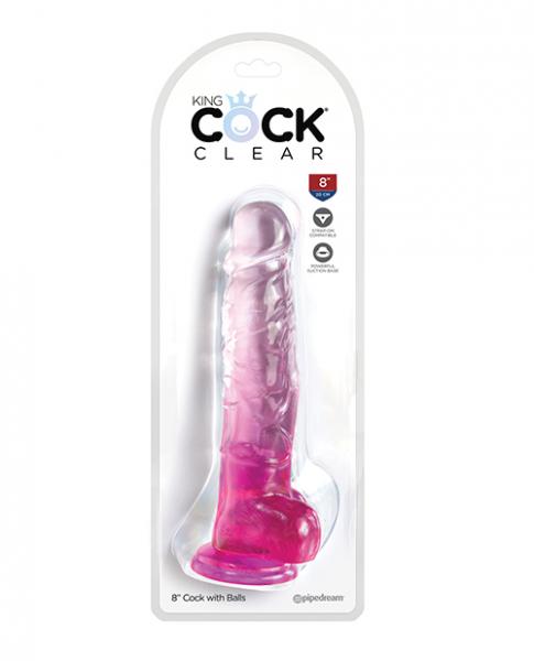 King Cock Clear 8in W/ Balls Pink