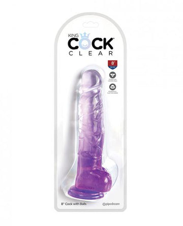 King Cock Clear 8in W/ Balls Purple